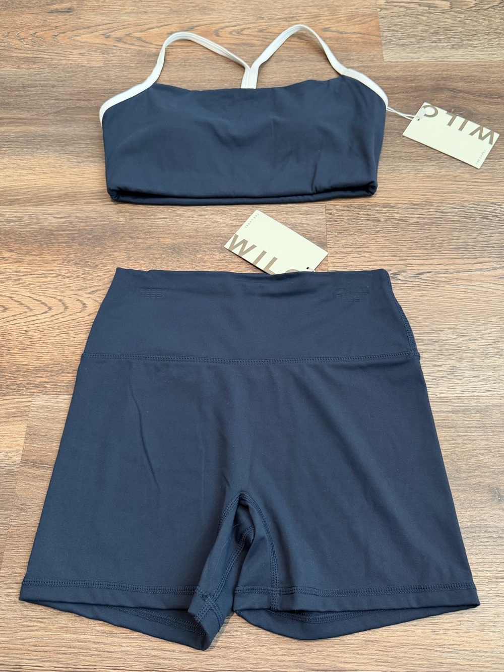 NWT Wilo The Label 2 Piece Bra Short Set Navy White Size Small Yoga Matching